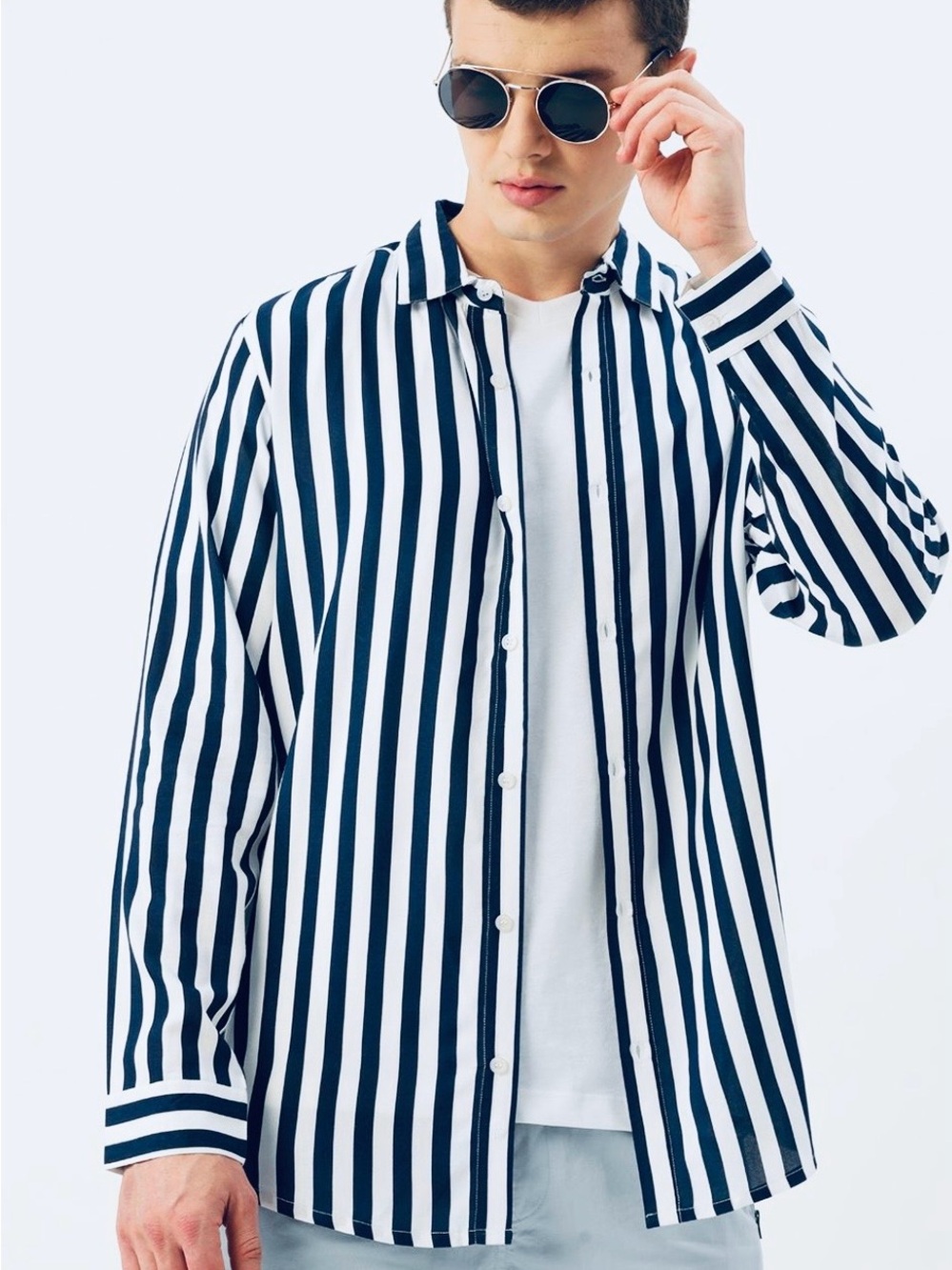 Mango Navy and White Vertical Stripe Casual Button-Down Shirt